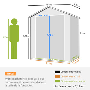 Abri de jardin cabanon en résine polypropylène 2,12 m² - 2 portes 1 fenêtre et 1 grille d'aération, toit en pente, gris