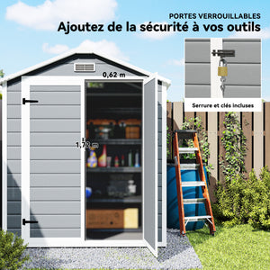 Abri de jardin cabanon en résine polypropylène 2,12 m² - 2 portes 1 fenêtre et 1 grille d'aération, toit en pente, gris
