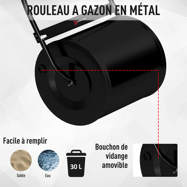 Rouleau à Gazon Jardin en Acier avec poignée dim. 47L x 32l x 105H cm lestage Max. 30 L Noir