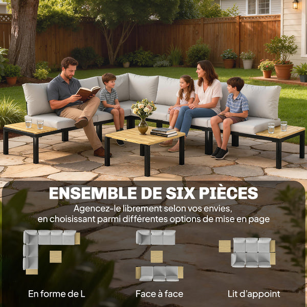 Salon de Jardin Modulaire 6 Pièces - Ensemble Canapé Extérieur Transformable en Lit - Mobilier de Jardin Design avec Table Basse et Plateaux Latéraux pour Terrasse et Patio, Gris Anthracite