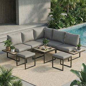 Salon de jardin extérieur 6 personnes - ensemble de canapé extérieur modulable avec table basse et plateaux latéraux en bois PSPC - coussins épais 10cm confortable pour terrasse, balcon gris