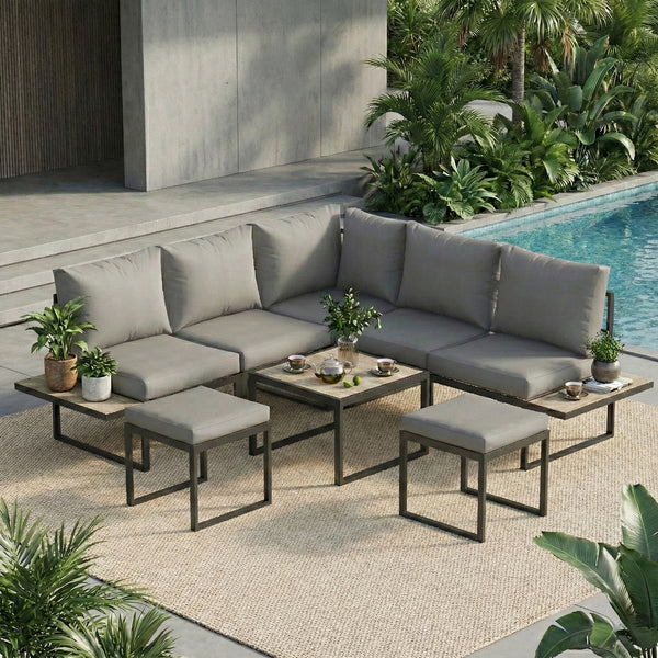 Salon de jardin extérieur 6 personnes - ensemble de canapé extérieur modulable avec table basse et plateaux latéraux en bois PSPC - coussins épais 10cm confortable pour terrasse, balcon gris
