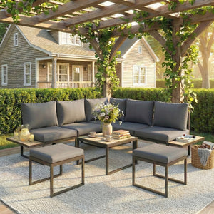 Salon de jardin extérieur 6 personnes - ensemble de canapé extérieur modulable avec table basse et plateaux latéraux en bois PSPC - coussins épais 10cm confortable pour terrasse, balcon gris