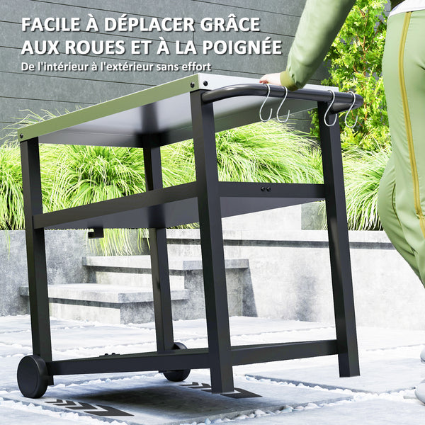 Desserte plancha extérieure avec plan de travail en acier inoxydable, chariot de barbecue avec étagères, desserte de jardin avec crochets, porte-serviettes, 2 roues, 102x50x81cm, gris charbon