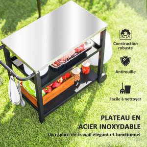 Desserte plancha extérieure avec plan de travail en acier inoxydable, chariot de barbecue avec étagères, desserte de jardin avec crochets, porte-serviettes, 2 roues, 102x50x81cm, gris charbon
