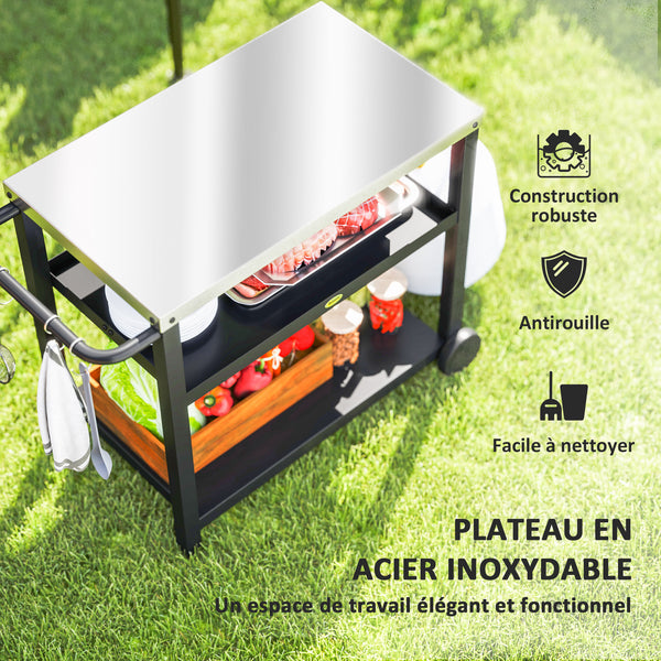 Desserte plancha extérieure avec plan de travail en acier inoxydable, chariot de barbecue avec étagères, desserte de jardin avec crochets, porte-serviettes, 2 roues, 102x50x81cm, gris charbon
