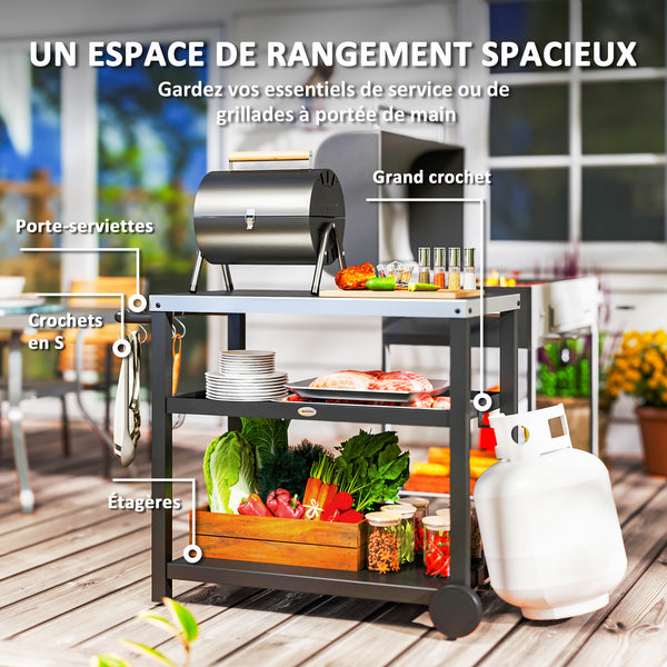 Desserte plancha extérieure avec plan de travail en acier inoxydable, chariot de barbecue avec étagères, desserte de jardin avec crochets, porte-serviettes, 2 roues, 102x50x81cm, gris charbon