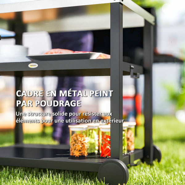 Desserte plancha extérieure avec plan de travail en acier inoxydable, chariot de barbecue avec étagères, desserte de jardin avec crochets, porte-serviettes, 2 roues, 102x50x81cm, gris charbon