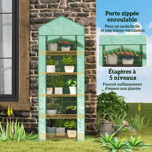 Serre de jardin PE avec étagères 5 niveaux, serre de balcon, bâche renforcée, châssis en acier, porte zippée enroulable, pour légumes plantes fleurs, 69 x 49 x 193 cm, vert