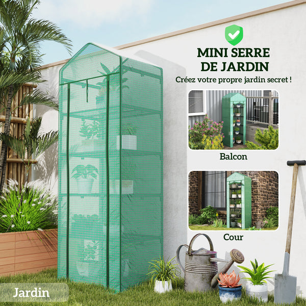 Serre de jardin PE avec étagères 5 niveaux, serre de balcon, bâche renforcée, châssis en acier, porte zippée enroulable, pour légumes plantes fleurs, 69 x 49 x 193 cm, vert