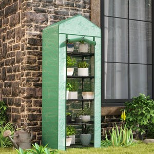 Serre de jardin PE avec étagères 5 niveaux, serre de balcon, bâche renforcée, châssis en acier, porte zippée enroulable, pour légumes plantes fleurs, 69 x 49 x 193 cm, vert
