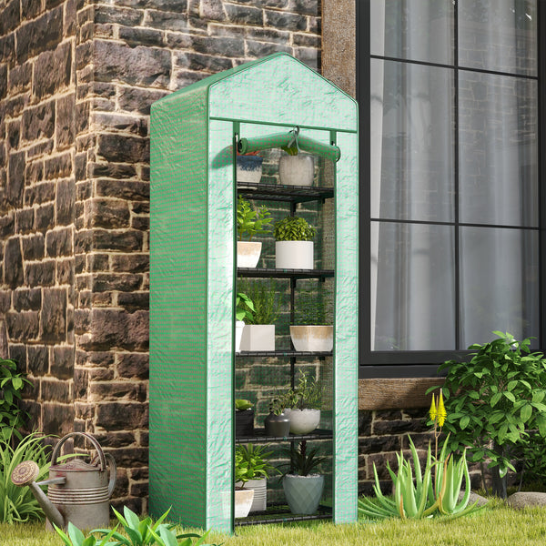 Serre de jardin PE avec étagères 5 niveaux, serre de balcon, bâche renforcée, châssis en acier, porte zippée enroulable, pour légumes plantes fleurs, 69 x 49 x 193 cm, vert