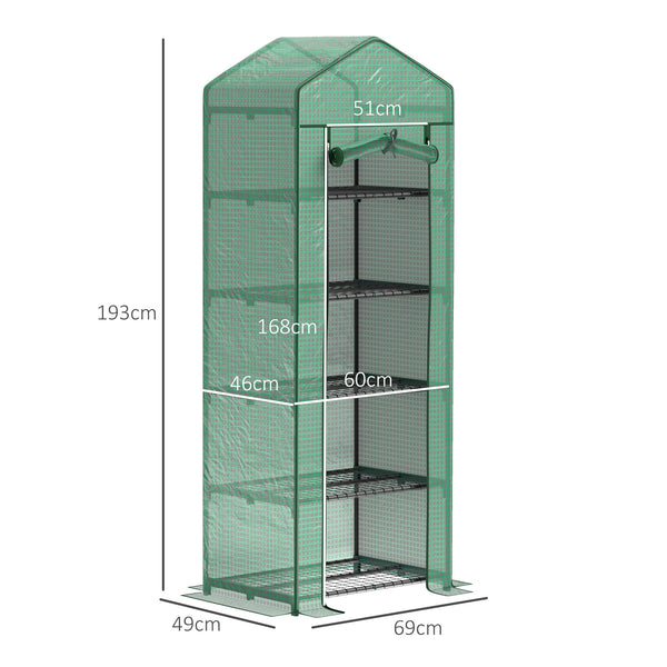 Serre de jardin PE avec étagères 5 niveaux, serre de balcon, bâche renforcée, châssis en acier, porte zippée enroulable, pour légumes plantes fleurs, 69 x 49 x 193 cm, vert