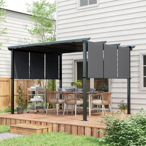 Pergola avec 3 toiles coulissantes 3,5 x 3 x 2,35 m structure acier noir toile polyester haute densité gris foncé