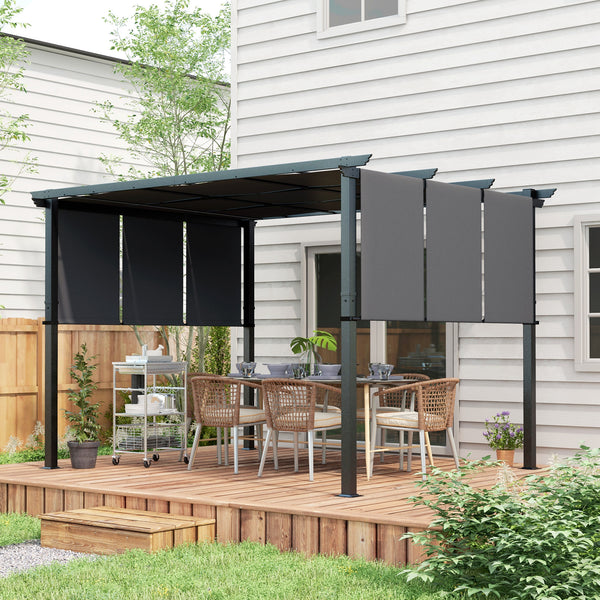 Pergola avec 3 toiles coulissantes 3,5 x 3 x 2,35 m structure acier noir toile polyester haute densité gris foncé