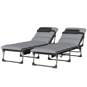 Lot de 2 Bain de Soleil avec Matelas 9cm - Chaise Longue Jardin 200cm Pliable Dossier Réglable 5 Positions, Appui-tête et Poche Latérale - Transat de Jardin pour Terrasse Plage Camping, Gris