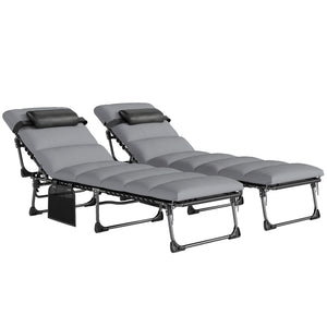 Lot de 2 Bain de Soleil avec Matelas 9cm - Chaise Longue Jardin 200cm Pliable Dossier Réglable 5 Positions, Appui-tête et Poche Latérale - Transat de Jardin pour Terrasse Plage Camping, Gris