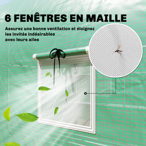 Serre tunnel de jardin 6m², serre de jardin avec étagères, 198x293x194cm, cadre en acier galvanisé, porte et 6 fenêtres, pour extérieur, toutes saisons, bâche PE haute densité 140 g/m², vert