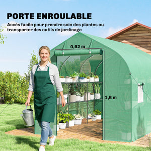 Serre tunnel de jardin 6m², serre de jardin avec étagères, 198x293x194cm, cadre en acier galvanisé, porte et 6 fenêtres, pour extérieur, toutes saisons, bâche PE haute densité 140 g/m², vert