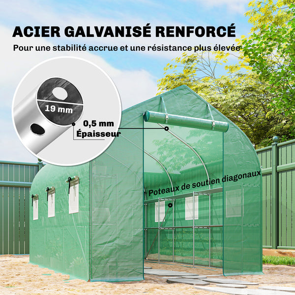 Serre tunnel de jardin 6m², serre de jardin avec étagères, 198x293x194cm, cadre en acier galvanisé, porte et 6 fenêtres, pour extérieur, toutes saisons, bâche PE haute densité 140 g/m², vert