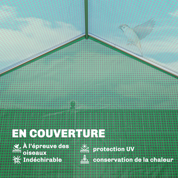 Serre tunnel de jardin 6m², serre de jardin avec étagères, 198x293x194cm, cadre en acier galvanisé, porte et 6 fenêtres, pour extérieur, toutes saisons, bâche PE haute densité 140 g/m², vert