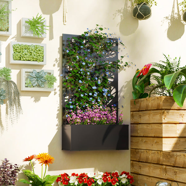 Jardinière avec treillis, brise-vue paravent, jardinière extérieure métal sur pieds ou murale, motif de feuilles rondes, bac à fleurs rectangulaire balcon terrasse, 61x23x113cm, noir