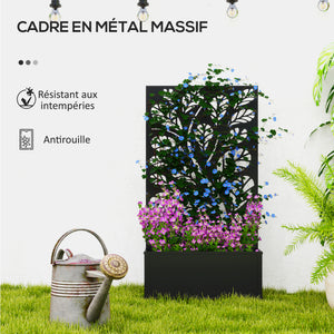 Jardinière avec treillis, brise-vue paravent, jardinière extérieure métal sur pieds ou murale, motif de feuilles rondes, bac à fleurs rectangulaire balcon terrasse, 61x23x113cm, noir