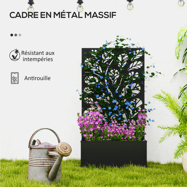 Jardinière avec treillis, brise-vue paravent, jardinière extérieure métal sur pieds ou murale, motif de feuilles rondes, bac à fleurs rectangulaire balcon terrasse, 61x23x113cm, noir