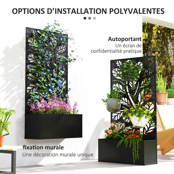 Jardinière avec treillis, brise-vue paravent, jardinière extérieure métal sur pieds ou murale, motif de feuilles rondes, bac à fleurs rectangulaire balcon terrasse, 61x23x113cm, noir