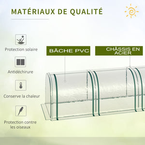 Serre de Jardin mini serre tunnel serre à tomates 3,95L x 1l x 0, 8H m 4 Portes zippées bâche PVC Transparent métal époxy Vert