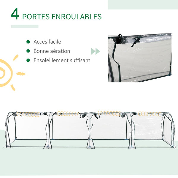 Serre de Jardin mini serre tunnel serre à tomates 3,95L x 1l x 0, 8H m 4 Portes zippées bâche PVC Transparent métal époxy Vert