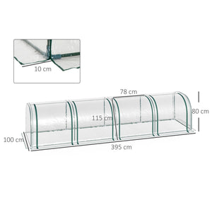 Serre de Jardin mini serre tunnel serre à tomates 3,95L x 1l x 0, 8H m 4 Portes zippées bâche PVC Transparent métal époxy Vert