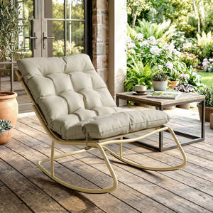 Fauteuil à bascule d'extérieur avec assise extra large 64 cm et coussin moelleux, fauteuil de jardin, balcon, véranda, kaki