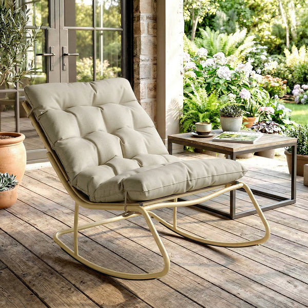 Fauteuil à bascule d'extérieur avec assise extra large 64 cm et coussin moelleux, fauteuil de jardin, balcon, véranda, kaki