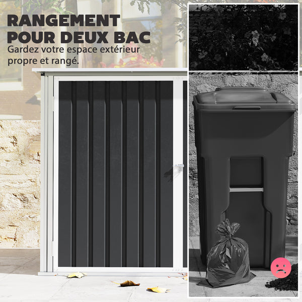 Cache Poubelle Double Acier Galvanisé pour 2 Poubelles de 240L - Abri de Jardin avec Couvercle Lié par Chaînes, Vérins à Gaz et Portes Verrouillables - Coffre de Jardin 179,5x108x129,5cm Gris