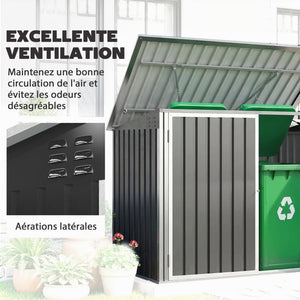 Cache Poubelle Double Acier Galvanisé pour 2 Poubelles de 240L - Abri de Jardin avec Couvercle Lié par Chaînes, Vérins à Gaz et Portes Verrouillables - Coffre de Jardin 179,5x108x129,5cm Gris