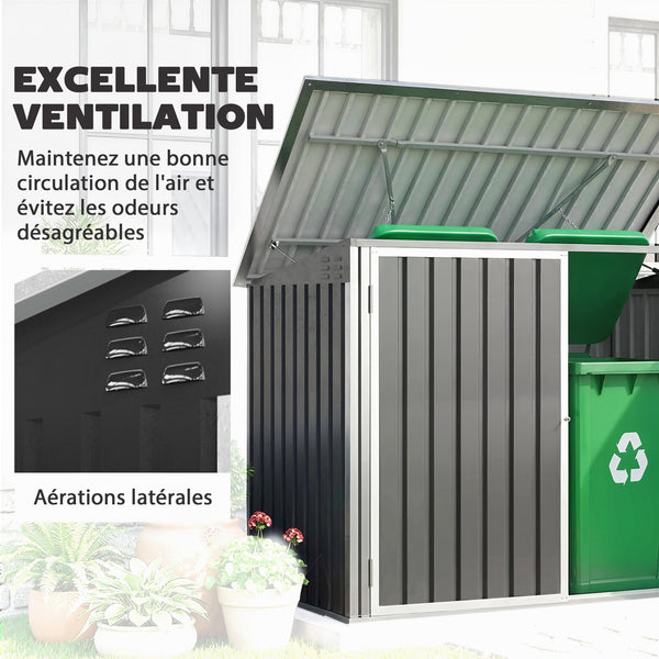 Cache Poubelle Double Acier Galvanisé pour 2 Poubelles de 240L - Abri de Jardin avec Couvercle Lié par Chaînes, Vérins à Gaz et Portes Verrouillables - Coffre de Jardin 179,5x108x129,5cm Gris
