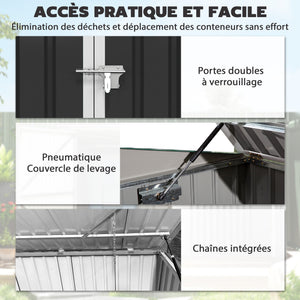 Cache Poubelle Double Acier Galvanisé pour 2 Poubelles de 240L - Abri de Jardin avec Couvercle Lié par Chaînes, Vérins à Gaz et Portes Verrouillables - Coffre de Jardin 179,5x108x129,5cm Gris