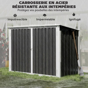 Cache Poubelle Double Acier Galvanisé pour 2 Poubelles de 240L - Abri de Jardin avec Couvercle Lié par Chaînes, Vérins à Gaz et Portes Verrouillables - Coffre de Jardin 179,5x108x129,5cm Gris