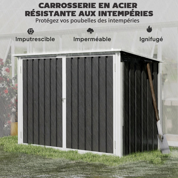 Cache Poubelle Double Acier Galvanisé pour 2 Poubelles de 240L - Abri de Jardin avec Couvercle Lié par Chaînes, Vérins à Gaz et Portes Verrouillables - Coffre de Jardin 179,5x108x129,5cm Gris