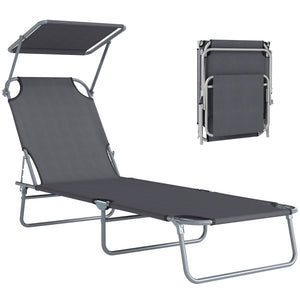 Transat Bain de Soleil Pliable Chaise Longue Pliante Grand Confort Dossier Inclinable Multi-positions et Pare-Soleil Réglable 187L x 58l x 36H cm Gris