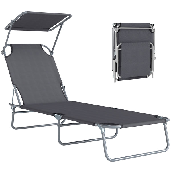 Transat Bain de Soleil Pliable Chaise Longue Pliante Grand Confort Dossier Inclinable Multi-positions et Pare-Soleil Réglable 187L x 58l x 36H cm Gris