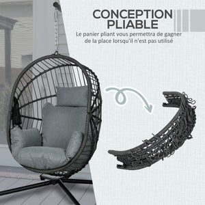 Fauteuil suspendu, fauteuil œuf suspendu, chaise hamac balançoire - panier pliable, coussin rembourré, poche, oreiller, chaise suspendue cocooning intérieur et extérieur, gris
