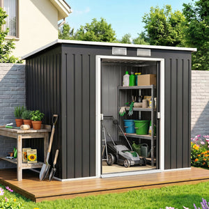 Abri de jardin en acier galvanisé L 2,77 m² avec kit de fondation 213 x 130 x 172 cm, cabane de jardin cabanon rangement outils portes coulissantes verrouillables et aérations, gris foncé