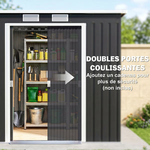 Abri de jardin en acier galvanisé L 2,77 m² avec kit de fondation 213 x 130 x 172 cm, cabane de jardin cabanon rangement outils portes coulissantes verrouillables et aérations, gris foncé