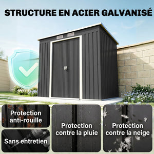 Abri de jardin en acier galvanisé L 2,77 m² avec kit de fondation 213 x 130 x 172 cm, cabane de jardin cabanon rangement outils portes coulissantes verrouillables et aérations, gris foncé