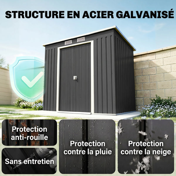Abri de jardin en acier galvanisé L 2,77 m² avec kit de fondation 213 x 130 x 172 cm, cabane de jardin cabanon rangement outils portes coulissantes verrouillables et aérations, gris foncé