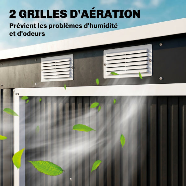 Abri de jardin en acier galvanisé L 2,77 m² avec kit de fondation 213 x 130 x 172 cm, cabane de jardin cabanon rangement outils portes coulissantes verrouillables et aérations, gris foncé