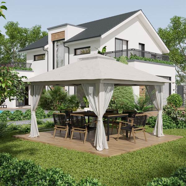 Tonnelle de jardin extérieur barnum de jardin pop-up tente pliant 4 x 4 m double toit protection UV 50+ 4 moustiquaires, 4 sacs de sable, 1 sac de transport tissu Oxford métal blanc