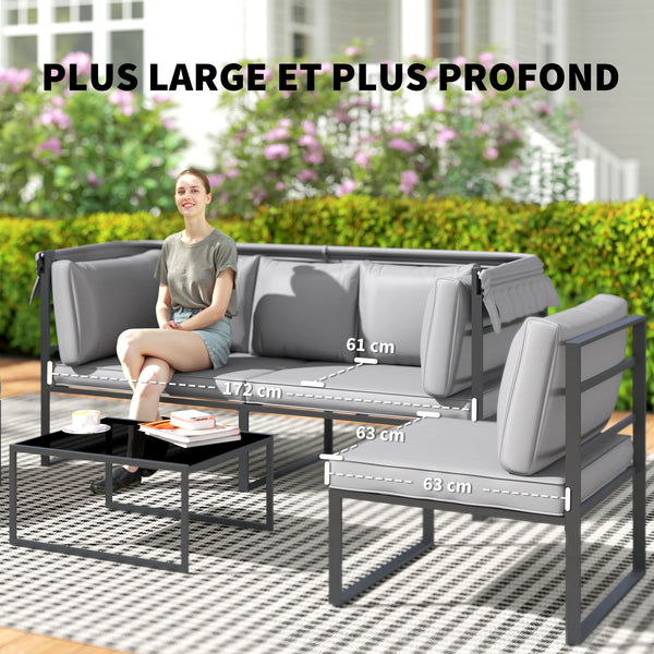 Salon de jardin extérieur 4 pièces modulaire avec canapé 3 places, 2 chaises et table basse en verre trempé, coussins inclus, mobilier de jardin terrasse veranda, gris